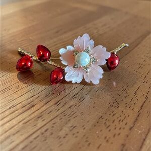Floral Cherry Blossom Brooch with Red Buds